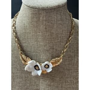 VTG Signed Louis Feraud Paris Blossoms Spring Gold Tone White Dogwood Necklace